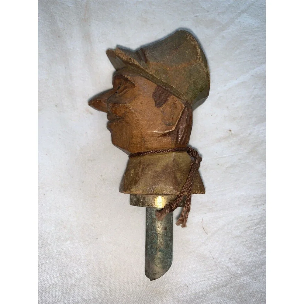 Vintage Hand Carved Folk Art Wine Bottle Stopper Metal Spout Wooden Man Barware